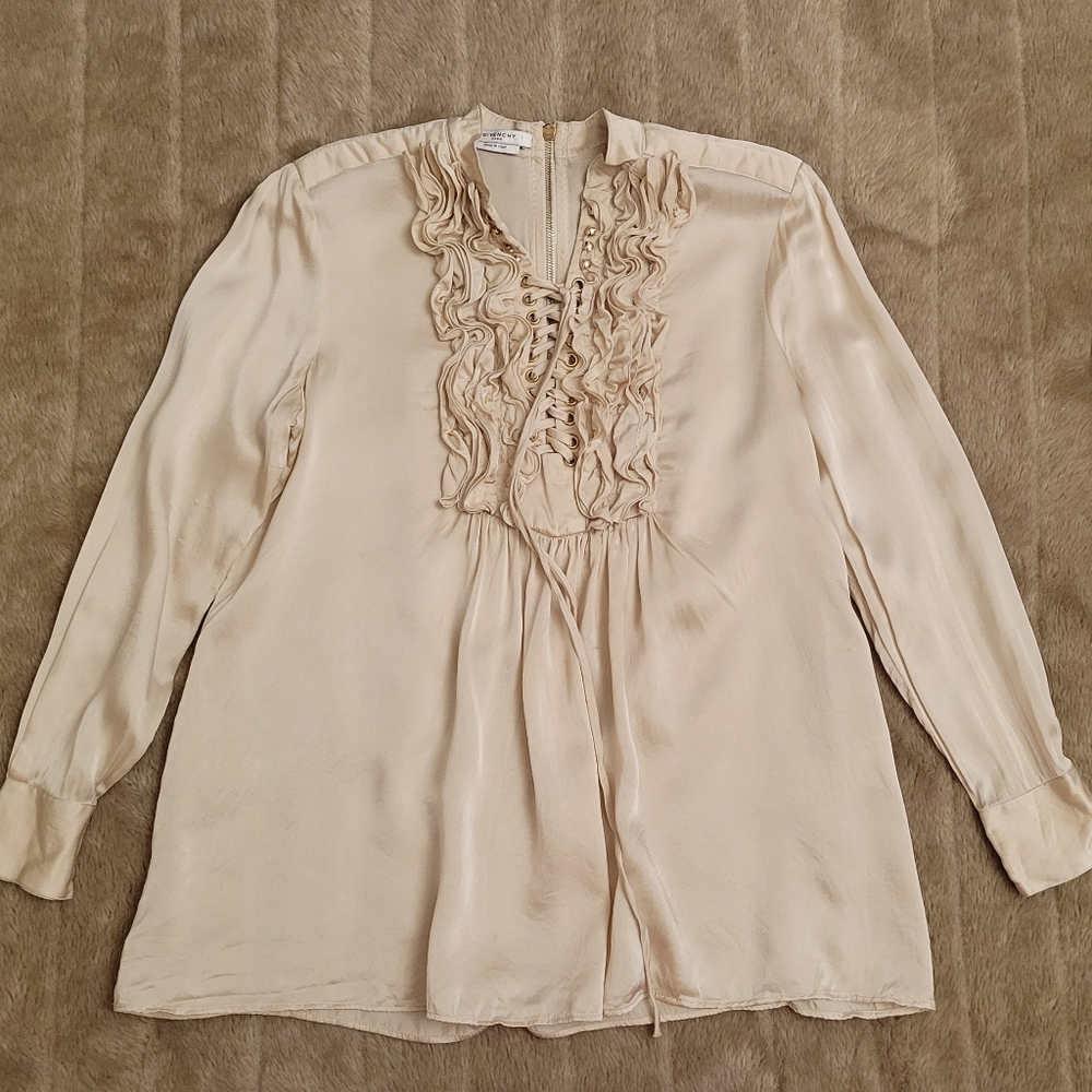 Givenchy all silk ruffle blouse with lace up detail and golden back zip